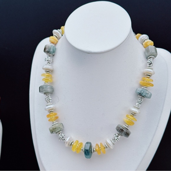 X798 Handmade Coin Shape Freshwater Baroque Pearl Agate Amber Necklace - Picture 3 of 11